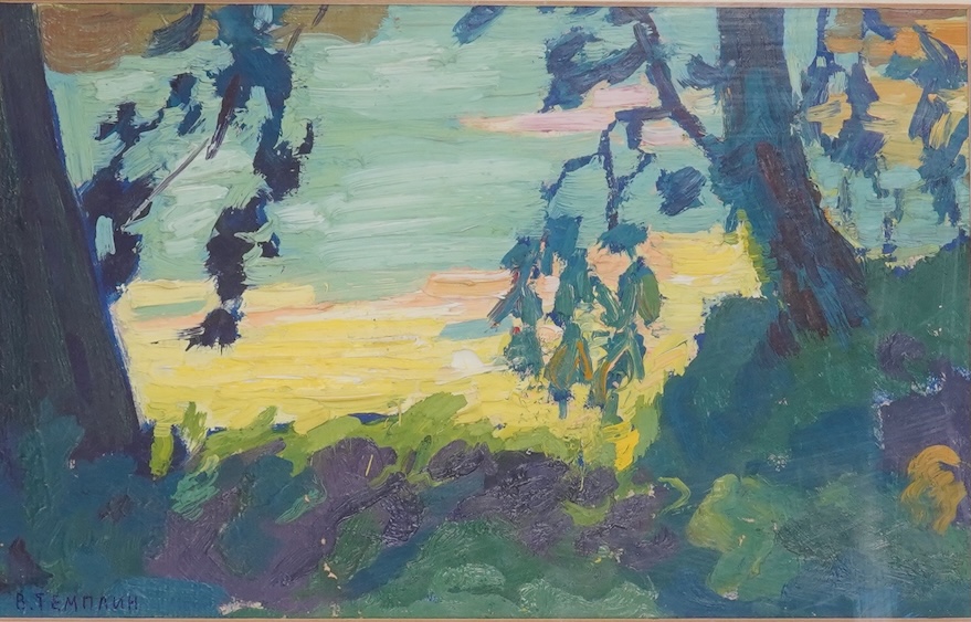 Viktor Templin (Russian, 1920-1994), oil on board, Lake scene, signed, 17 x 27cm. Condition - good